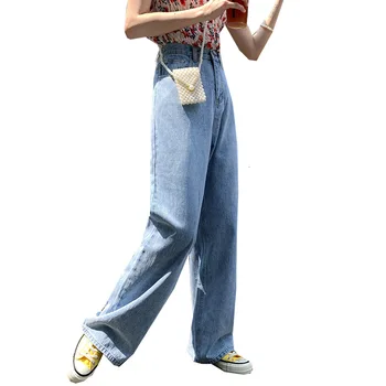 

#3014 2019 Easy Directly Canister Trousers Fall Feeling High Waist And Legs To Mop The Floor Jeans Woman