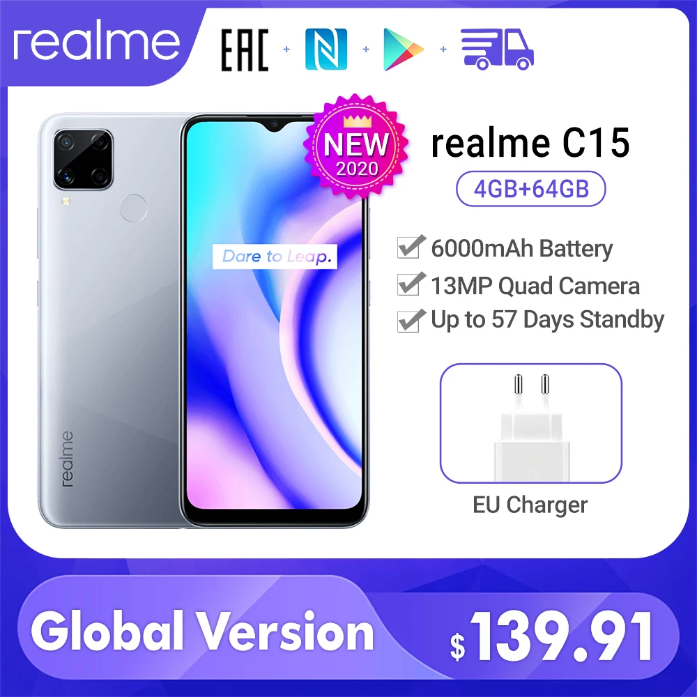Realme C15 глобальная версия 4 Гб 64 6000 мАч Батарея 13MP Quad Камера 6 5 ''полный экран 3