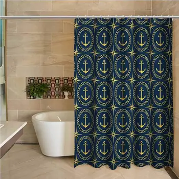 

Anchor Odorless Waterproof Shower Curtain Abstract Cruise Ship Pattern with Windrose Nautical Rope and Anchor Travel Trip Large