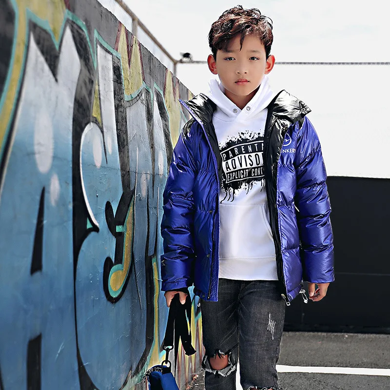 Модные Глянцевые зимние куртки для мальчиков; уличная одежда в стиле хип-хоп; теплая детская верхняя одежда с хлопковой подкладкой
