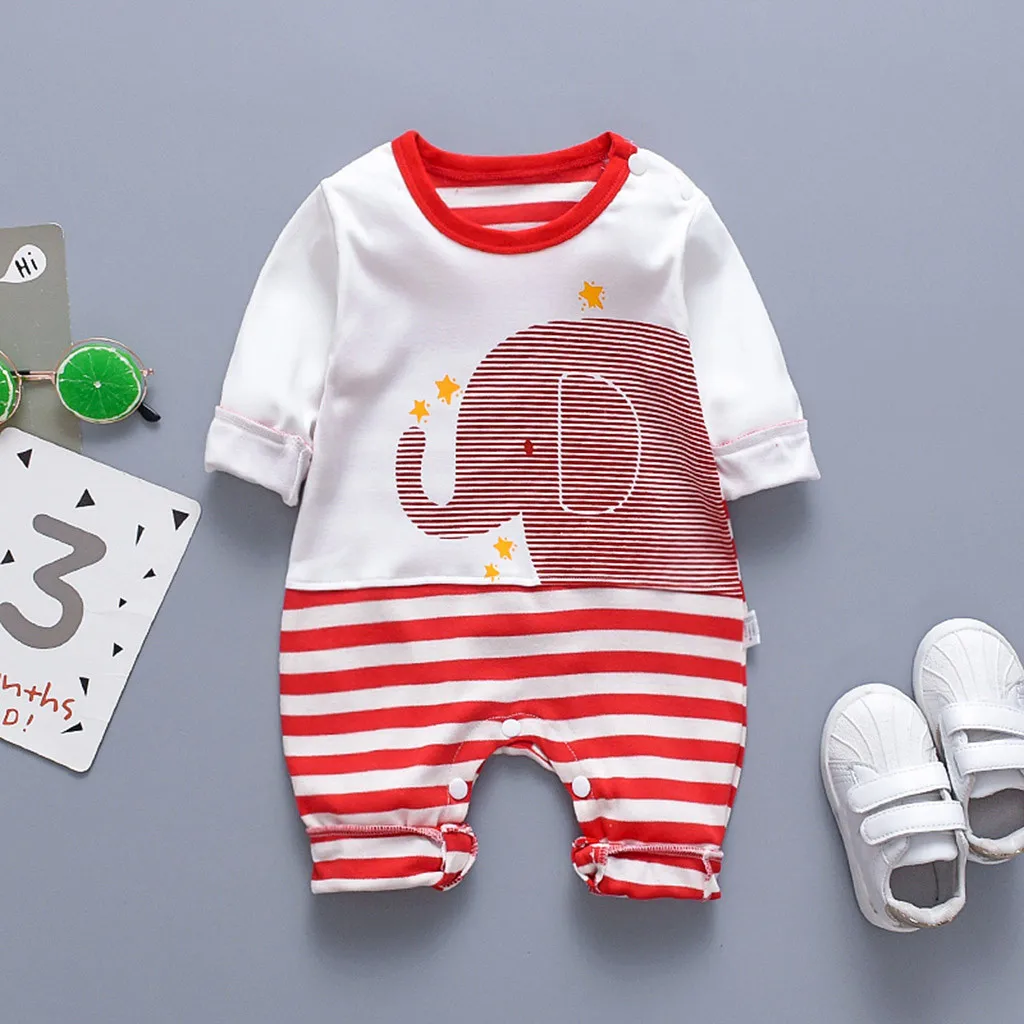 Одежда для новорожденных девочек Комбинезон, боди для малышей для маленьких мальчиков и девочек с длинными рукавами, в полоску, с Слон-комбинезон комбинезоны A1 - Цвет: Красный