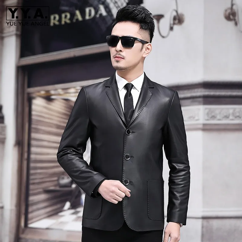 

Retro Mens Real Leather Suits Blazers Single Breasted Lapel Male New Fashion Coat Chaquetas De Cuero Hombre Motorcycle Blouson