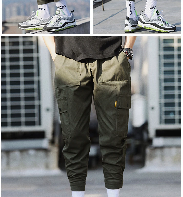 Мужские брюки карго с несколькими карманами, Мужские штаны с эластичной талией, шаровары в стиле хип-хоп, повседневные свободные уличные мужские брюки