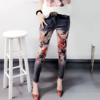 

2019 New Fashion Slim Pencil Pants Vintage High Waist Jeans new womens pants Ankle-Length Pants Sequined print cowboy pants