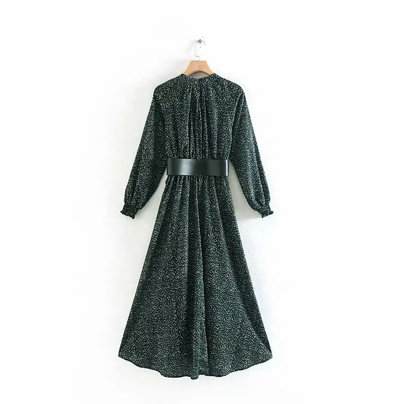 QZ916 женское платье с длинным рукавом тонкий пояс деко темно-зеленый принт Макси платье осень Vestidos