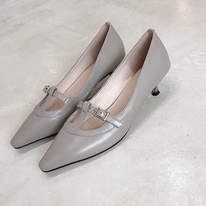 

Women's genuine leather t-strap kitten heel pointed toe low heel comfortable elegant ladies evening dress pumps party shoes sale