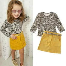От 1 до 5 лет комплекты одежды для маленьких девочек топ с длинными рукавами и леопардовым принтом, Однотонная юбка трапециевидной формы на пуговицах