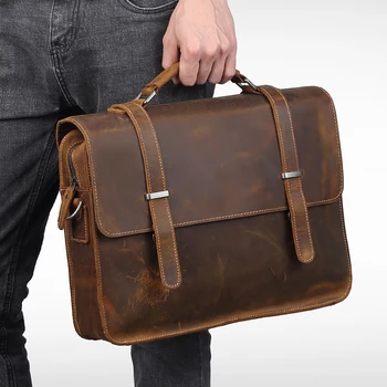 

Genuine Crazy Horse Cowhide Leather Shoulder Bag Vintage Men Business Handbag Laptop Briefcase Male Crossbody Messenger Bags