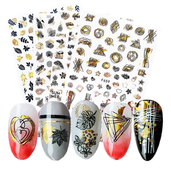 

Holographics 3D Summer Glitter Nail Decals Stickers Gold Black White Leaf Manicures Foils Geometric Slider Nail Art Decoration