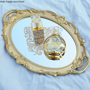 

European Style Retro Mirror Tray Home Use Gilt Printing Oval Golden Tray Cosmetic Accessories Organize Disk Resin Storage Plate