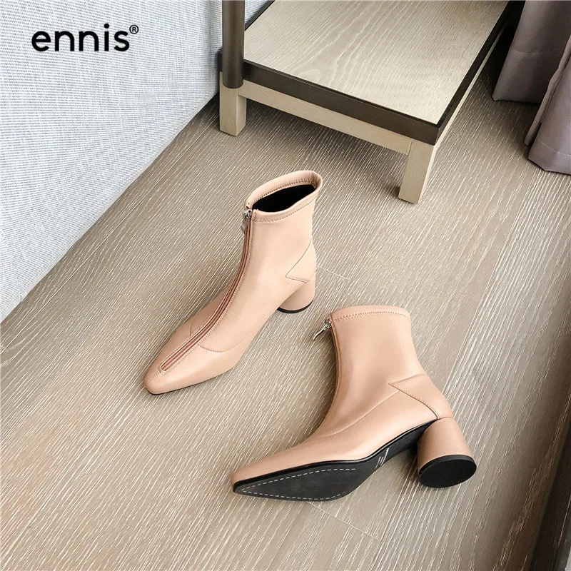 ENNIS/ г., дизайнерские эластичные сапоги на молнии, передний багажник женское из микрофибры ботильоны с острым носком на не сужающемся книзу массивном каблуке Осенняя обувь новинка, A9155