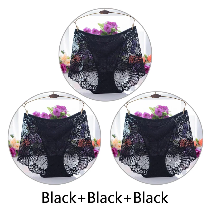 Black Black Black 3 шт., женское прозрачное кружевное нижнее белье, сексуальные бесшовные трусы с высокой талией, дышащее женское нижнее белье, M-XL размера плюс - Цвет: Black Black Black