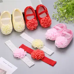 Обувь для новорожденных девочек; пояс для волос + мягкая хлопковая обувь с цветочной аппликацией на резиновой подошве; комплект из 2