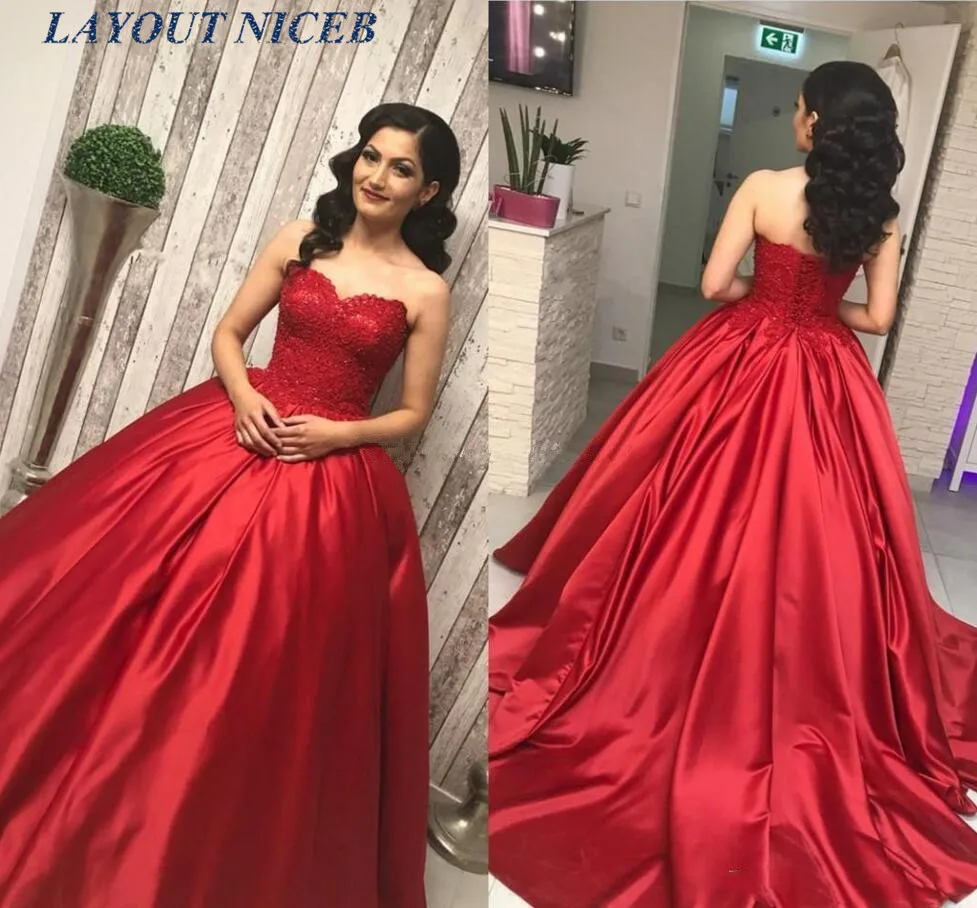 2019 красное платье кружевное сатиновое бальное платье без бретелек Quinceanera Корсет без бретелей бальное платье для выпускного вечера платья