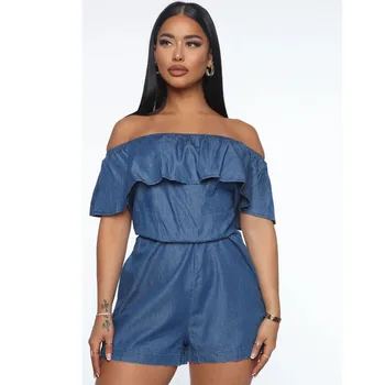 

AA Women Off Shoulder Playsuits Summer Ruffle Clubwear Solid Color Office Lady Playsuit Elastic Waist Bodycon Party Jumpsuit