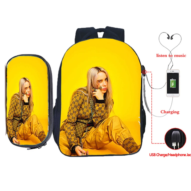 20 Billie Eilish рюкзак для зарядки через usb 2 шт./компл. школьная сумка для подростков мальчиков и девочек рюкзак для ноутбука пенал Дорожная сумка на плечо - Цвет: 20
