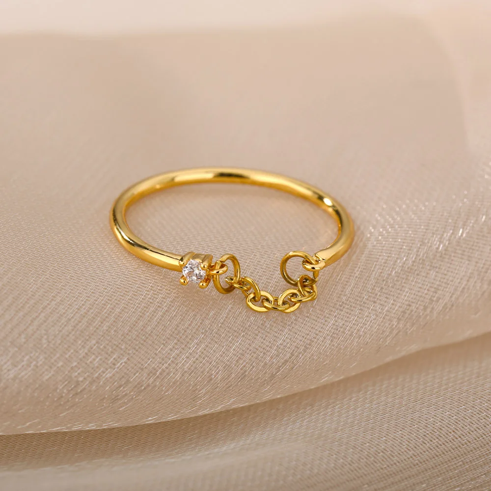 Finger Chain Rings For Women Stainless Steel Zircon Round Punk Rings Jewelry