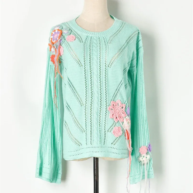 

Luxury Brand Designer Knitted Pullovers for Women O Neck Hollow Out Hand Crochet Tassel Flowers Flare Sleeve Knitted Sweater