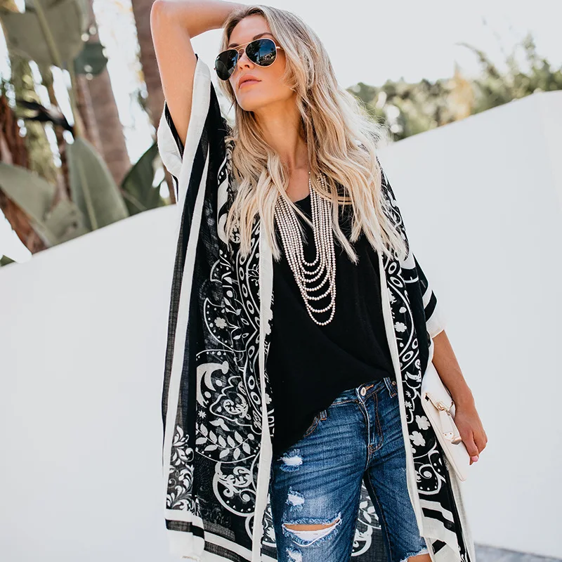 

Casual Summer Swimwear Cover Ups Bikini Cover Up Beach Woman Loose Printing Chiffon Kimono Mujer