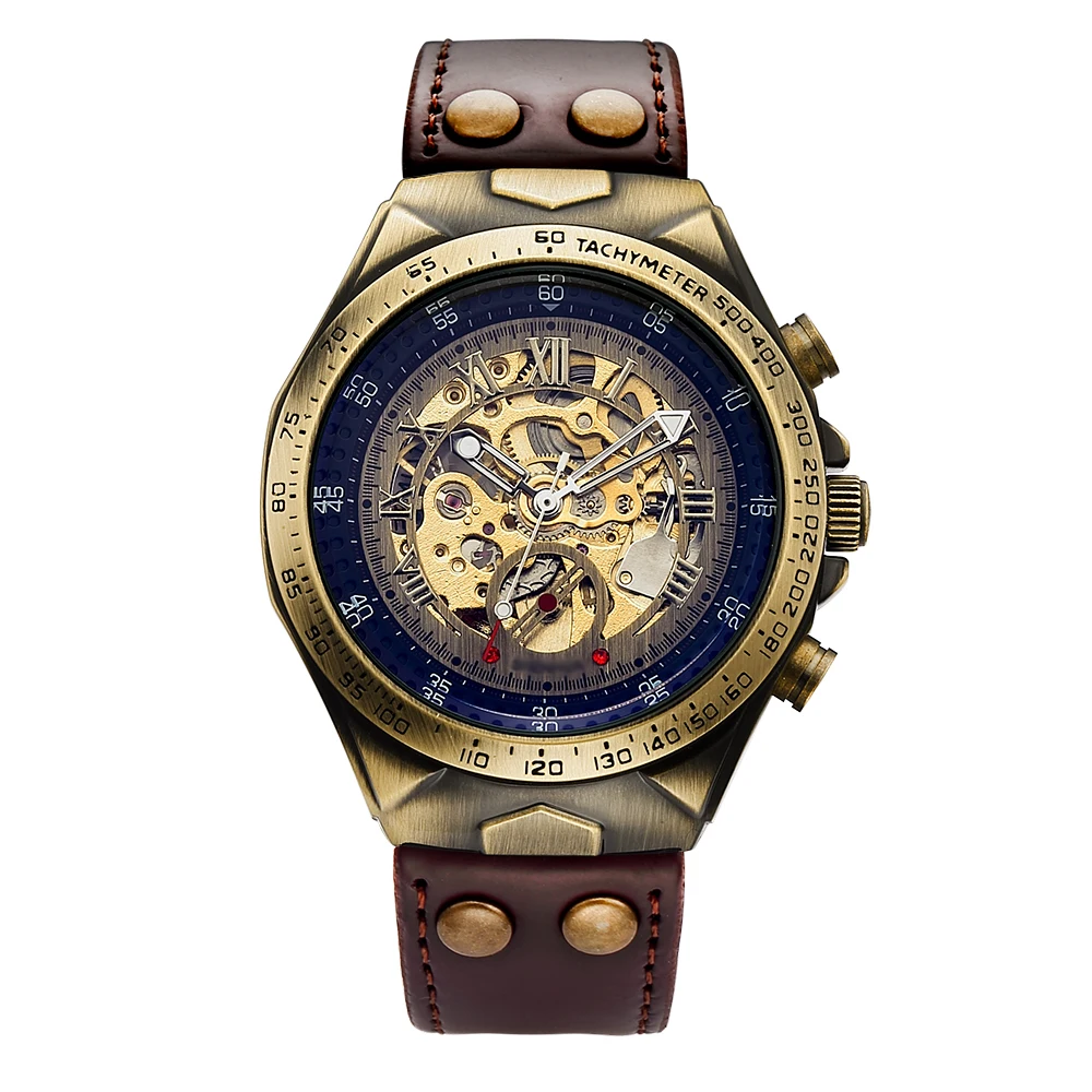 Vintage Automatic Mechanical Watch Men Steampunk Skeleton Self Winding Watch Retro Leather Wristwatch Male Clock montre homme