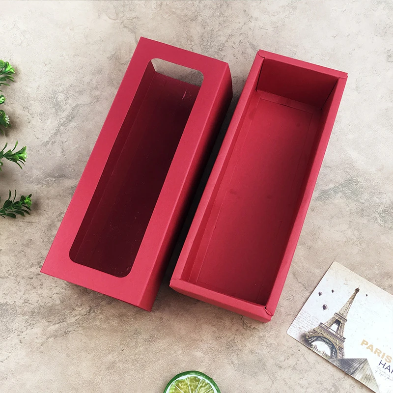 Brown/Red/Black Kraft Paper Drawer Type Gift Box With Clear PVC Window Wedding Cookie Candy Chocolate Cake Packaging Boxes