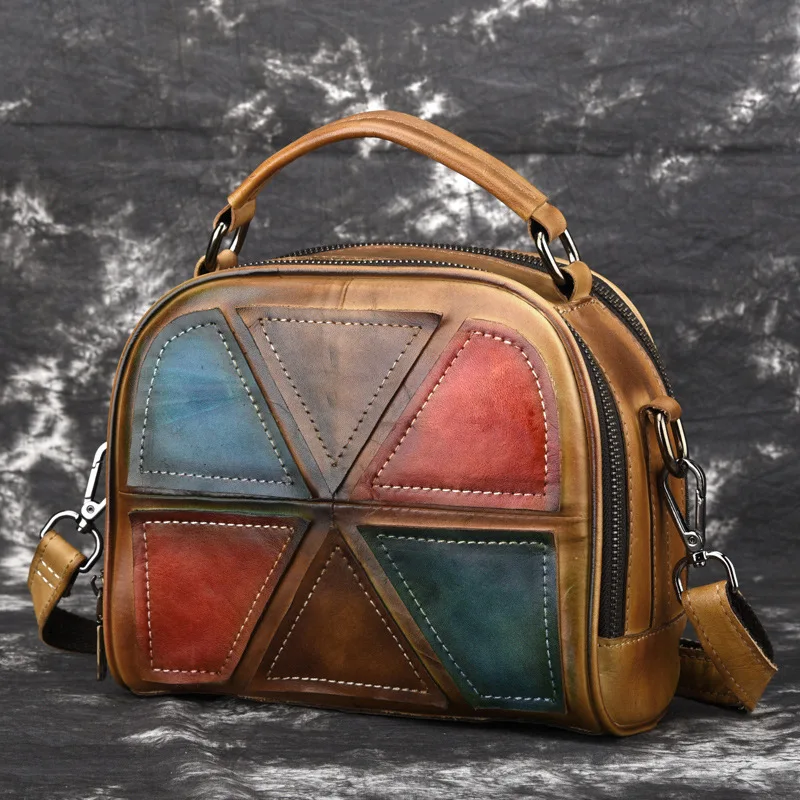 

New genuine leather hand-polished lady's bag with one shoulder and oblique bracket, cowhide retro-mailman's bag Mini-Bag