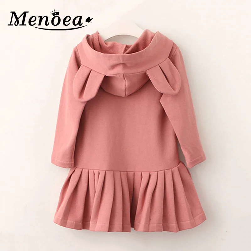 Menoea/платье для девочек; новая осенняя одежда для девочек; брендовая блузка для маленьких девочек; одежда для детей с длинными рукавами и капюшоном с кроличьими ушками