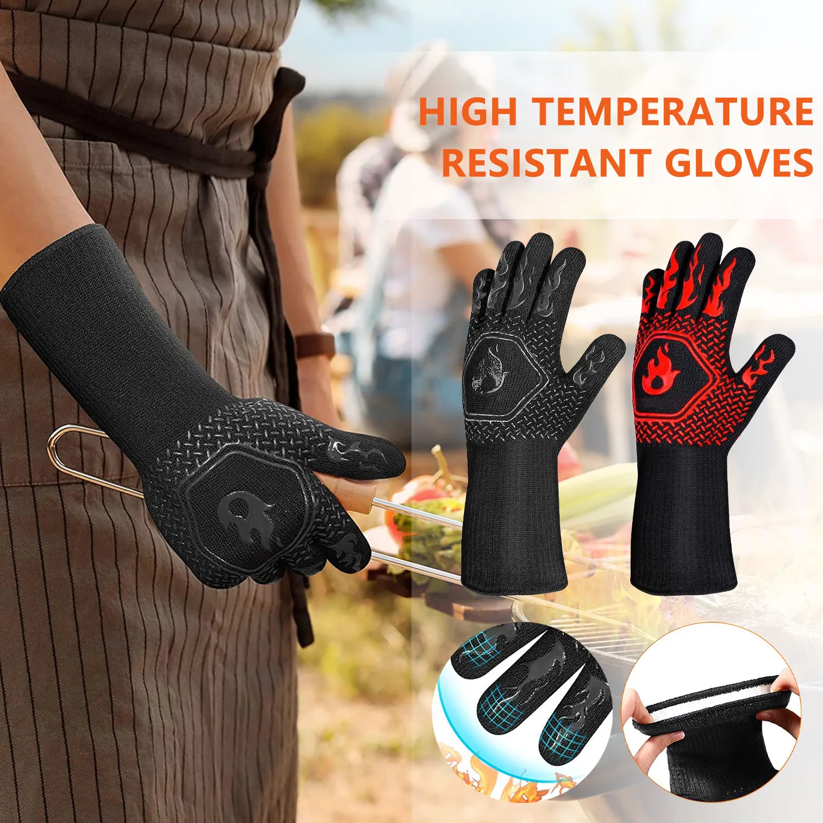 

BBQ Grill Gloves Heat Resistant, High Temp Resistance Fireproof Glove For Barbecue, Washable Oven Mitts Extreme Hot Proof Mitten