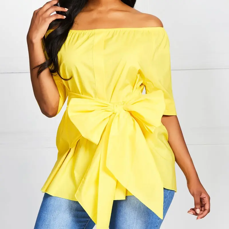 

Women Casual Elegant Yellow Office Lady Blouse Female Bow Lace Plus Size Loose Short Sleeve One Word Collar Top Ladies clothes