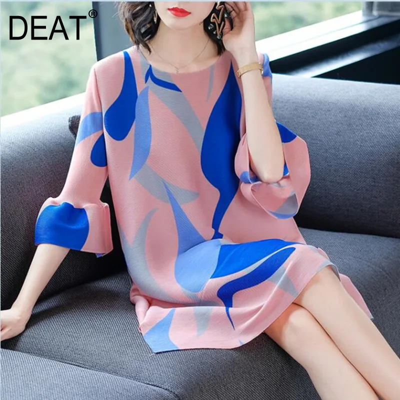 

[DEAT] 2019 Summer New Patter Fashion Casual Color Pleated Loose Large Size A Word Skirt Printed Women Round Collar Dress AI406