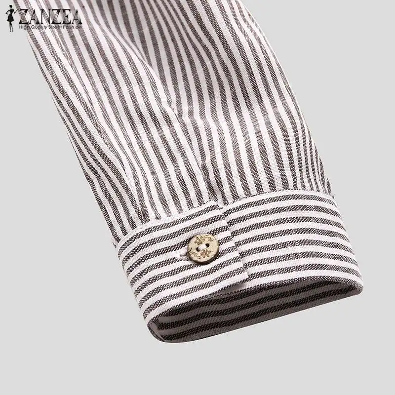 Женские топы Blusas ZANZEA Женская Повседневная хлопковая льняная рубашка женская модная Полосатая туника блузка со стоячим воротником Chemiser Mujer