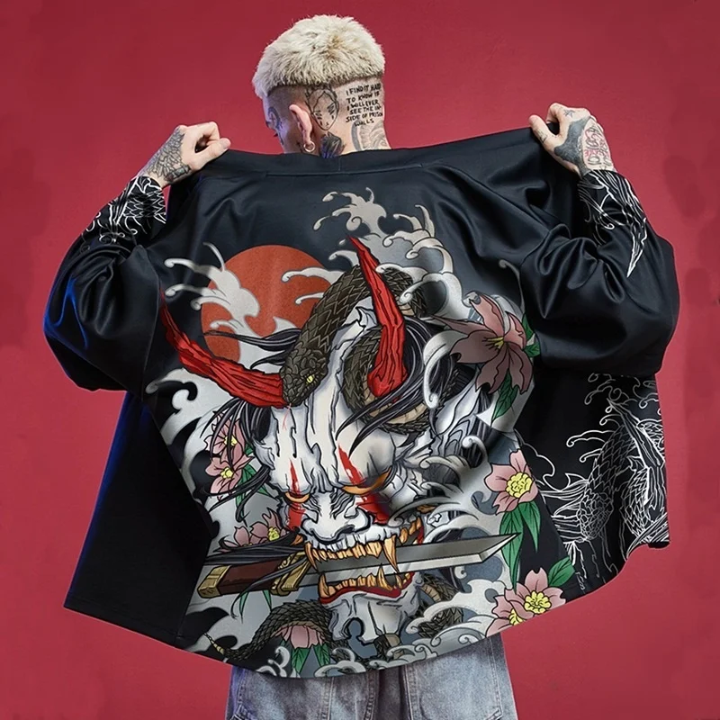 New Fashion Kimono Man Japanese Clothes Yukata Male Samurai Costume Haori Obi Beach Men's Kimono Cardigan Streetwear Jacket