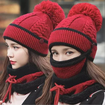 

Autumn and winter warm wool knit hat plus velvet thickening cycling earmuffs hat scarf mask three-piece female