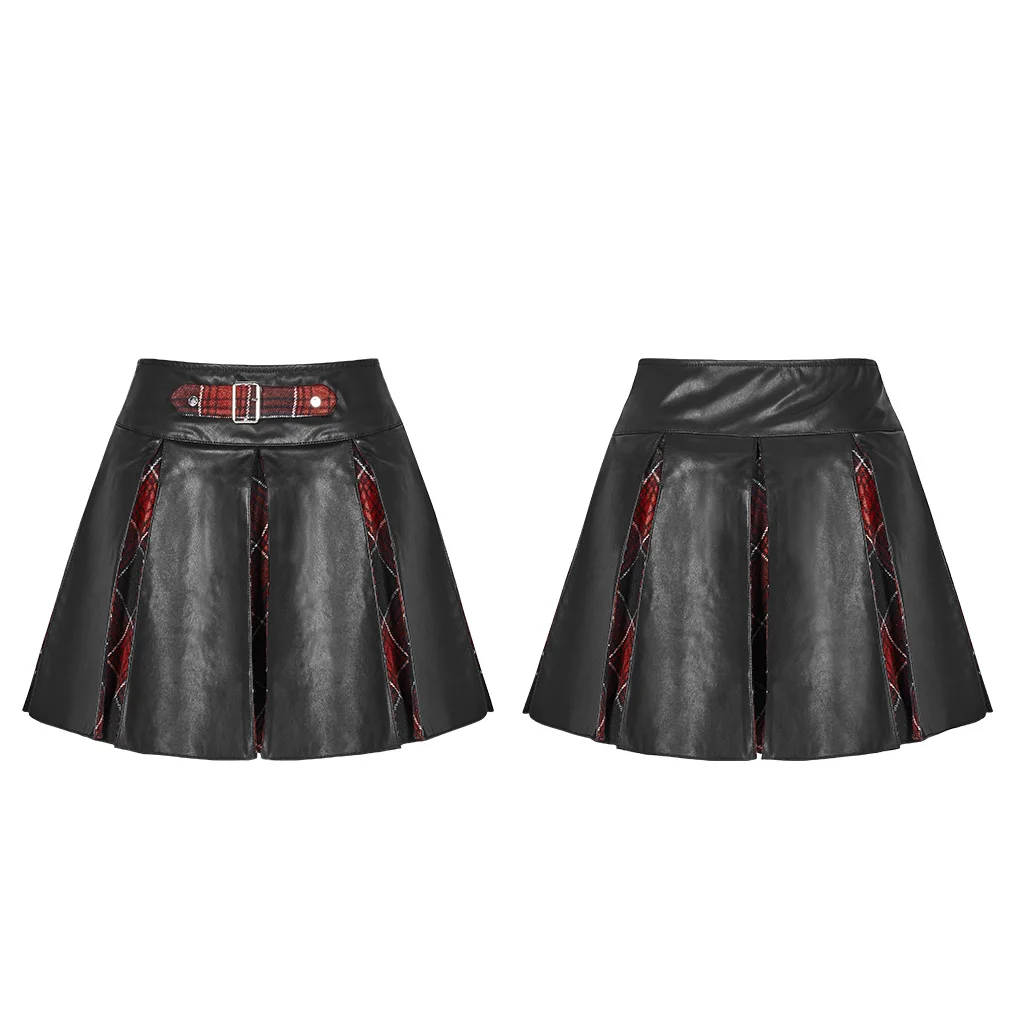 Панк RAVE Женская многокомпонентная строчка половина юбка солнце маятник ПУ промытая кожа решетка короткая юбка