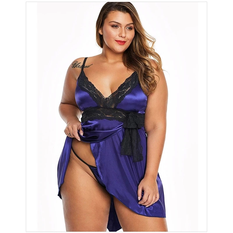 

Satin Night Dress Women Lace Splice Deep V Neck Nightgown Sleepwear Nightie Home Wear Plus Size Nightdress Panties
