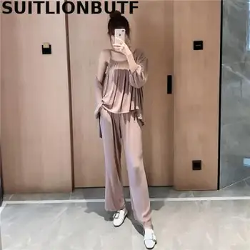 

High Street 2020 Summer Cotton And Linen Soft 3 Piece Set Loose Halter NoBuckle Cardigan Elastic Waist Pants Ropa Mujer Ensemble