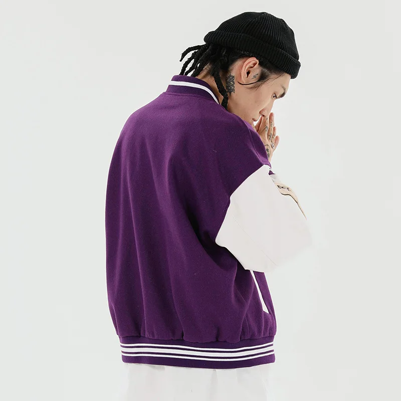 Aolamegs Furry Bone Letter Patch Color Block Patchwork 3 color Optional Harajuku College Style Bomber Jacket Men Baseball Coats