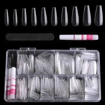 

FIVEART Press On Nails Set with 500pcs Coffin Ballerina Nail Tips Clear Full Cover 2pcs Nail Glues 1pcs Nail File with Case Fals