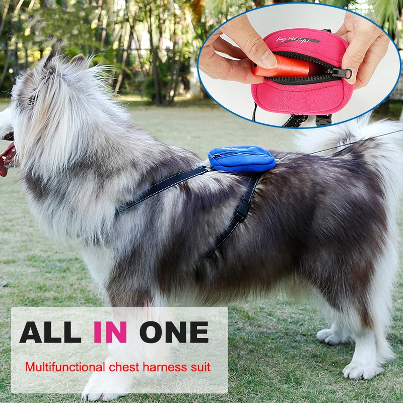 Reflective Nylon Dog Collar Foldable Storage Chest Back Cover Pull Rope Pet Traction Dog Harness