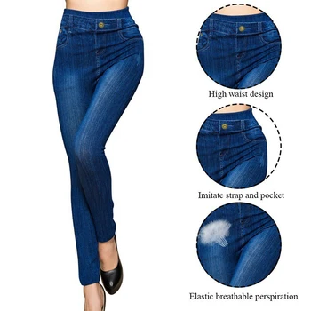 

Fashion Slim Women Leggings Faux Denim Jeans Leggings Sexy Long Pocket Printing Summer Leggings Casual Pencil Pants