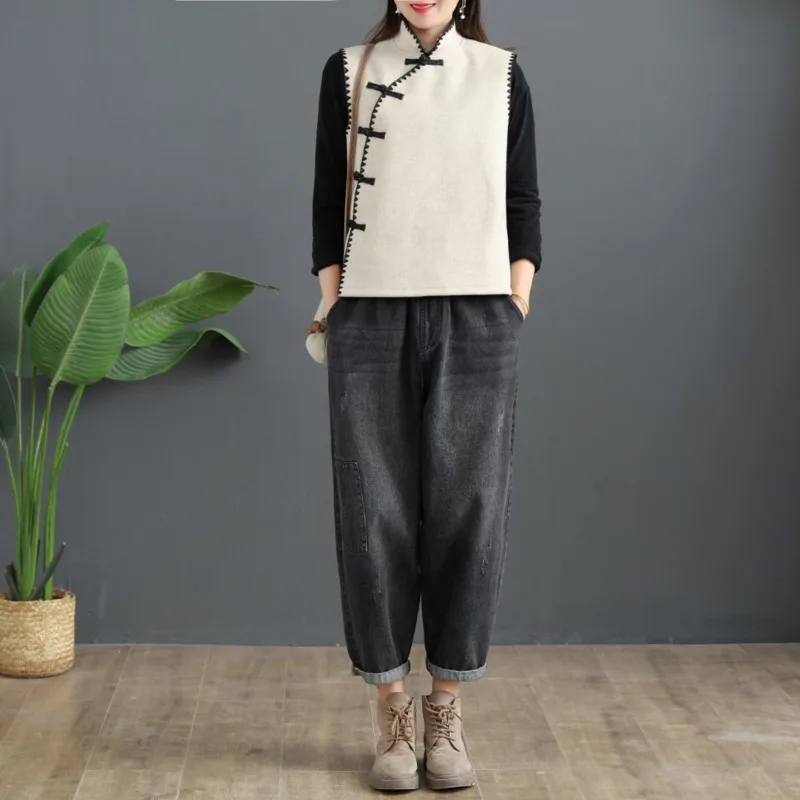 Retro Chinese Style Top Vest Women Modern Tang Suit Gilet Shirt Loose Oriental China Traditional Ethnic Blouse Clothing Harajuku
