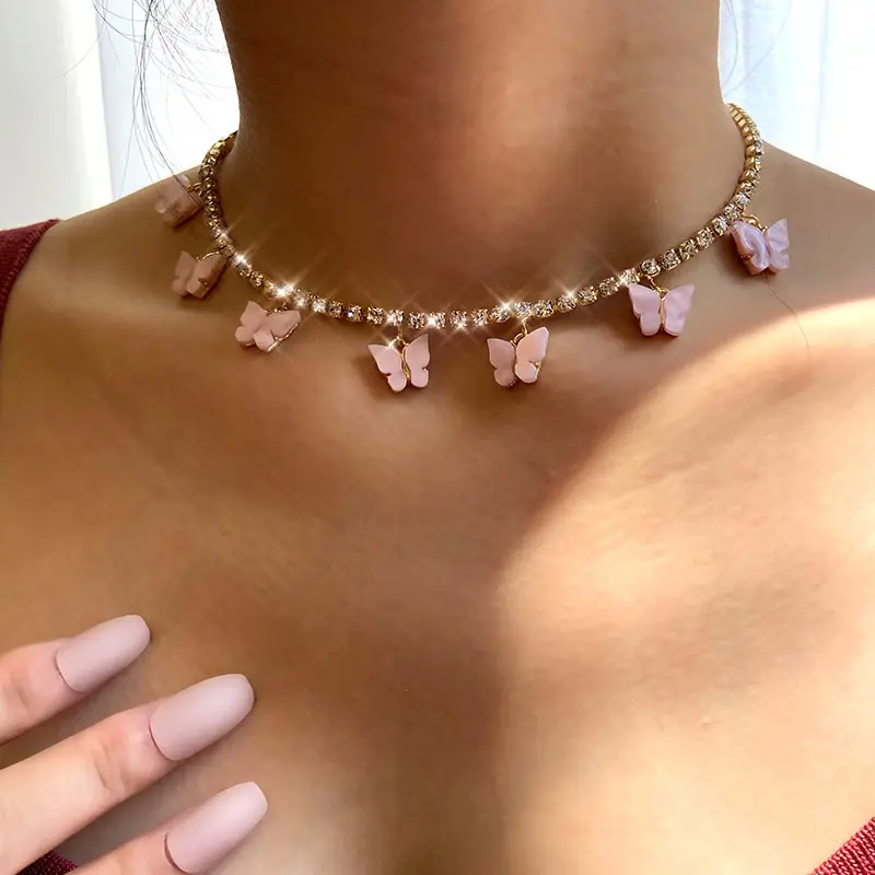 De moda de cristal Bling directo collar de gargantilla de cadena para las mujeres de Color oro y plata 7 mariposa cereza colgante collar de joyería