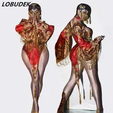 Мужской женский танцевальный костюм в китайском стиле, вечерние костюмы для бара и клуба, красные боди с блестками, платье с разрезом, наряд для танцев