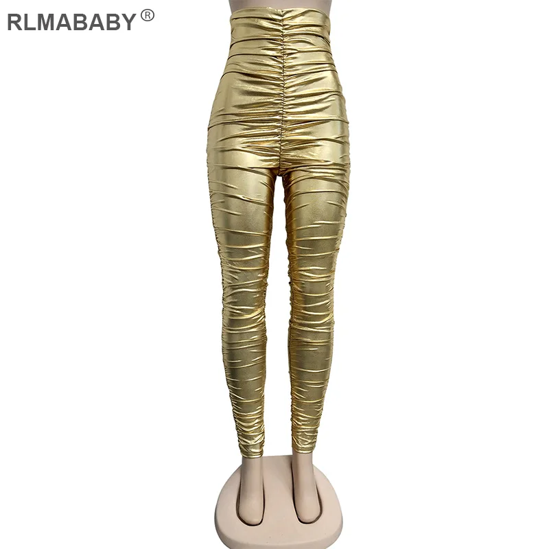 RLMABABY модные штаны для ночного клуба с рюшами из искусственной кожи с высокой талией женские золотые штаны на молнии сзади женские осенние сексуальные узкие брюки