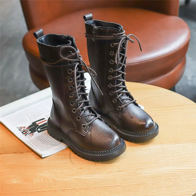 

Children High Boots 2019 Autumn New Style Western Style Martin Boots Fashion Lace-up Chunky-Heel Leather Boot Girls gong zhu xue