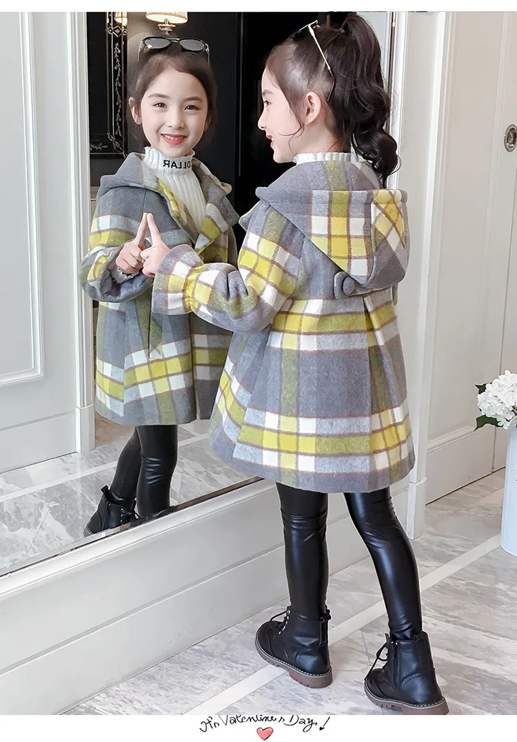 Новинка года; Одежда для девочек; модная зимняя одежда в Корейском стиле; плотное шерстяное пальто в клетку для девочек; Детское пальто с капюшоном и длинными рукавами