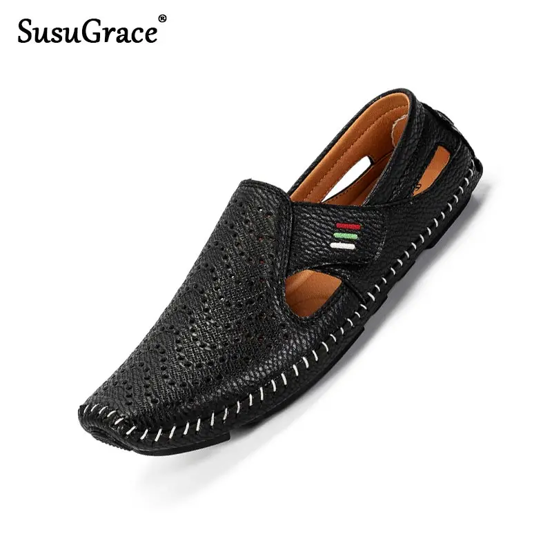 Susugrace sandalias de moda de hombres para hombres de cuero casual mocasines planos gancho y lazo con luz mocasines blanco transpirable viaje diario zapatos