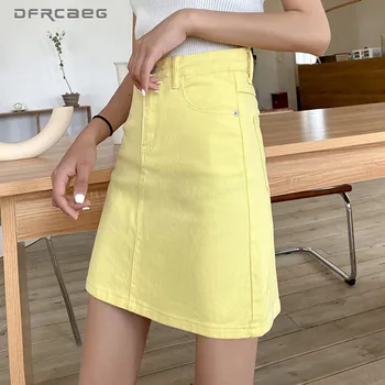 

Streetwear Candy Color Woman Jeans Mini Skirts 2020 Summer Korean Style High Waist A-Line Denim Skrit Femme Faldas Saia Yellow