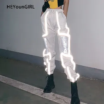 

HEYounGIRL Printed Stripes Reflective Cargo Pants Women White Casual Elastic High Waist Trousers Ladies Harajuku Punk Sweatpants