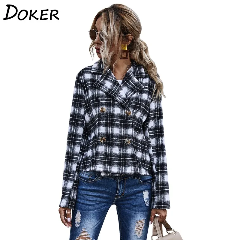 

Plaid Short Jackets Women Clothes Autumn Winter Turn Down Collar Long Sleeve Plus Size Ladies Tops Casual Coats And Jackets